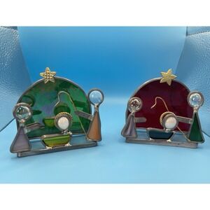 Vintage Stained‎ Glass Nativity Scene Christmas Holiday Mary Joseph Jesus Set